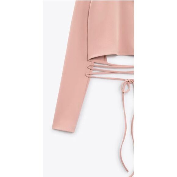 NWT Zara Long Sleeve Crop Top with Bow in Pale Pink, Size XS - Picture 13 of 16